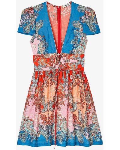 Sandro Graphic-print V-neck Woven Mini Dress - Blue