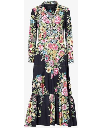 Etro Floral-pattern Gathered-hem Cotton Maxi Dress - Multicolour