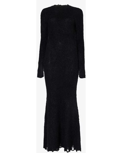 Junya Watanabe Slim-fit Distressed-trim Wool-blend Knitted Maxi Dress - Black