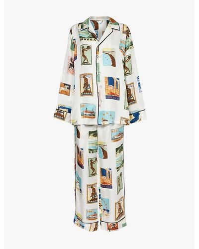 Olivia Von Halle Yves Graphic-print Silk-twill Pajama Set - Metallic
