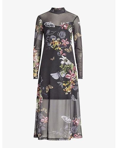 AllSaints Hanna Floral-print Stretch-woven Midi Dress - Gray