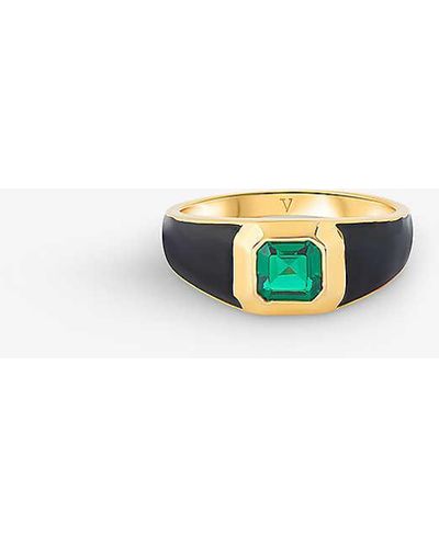 V By Laura Vann Sophie 18ct Yellow -plated Vermeil Recycled Sterling-silver, Emerald And Enamel Signet Ring - White