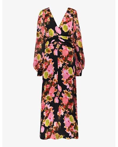 Ro&zo Floral-print Long-sleeve Woven Midi Dress - Red