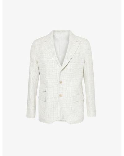 Eleventy Checked Single-breasted Linen And Wool-blend Jacket - White