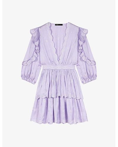 Maje Scalloped-neck Tiered-skirt Woven Mini Dress - Purple