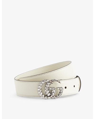 Gucci Crystal-embellished Logo-buckle Leather Belt - White