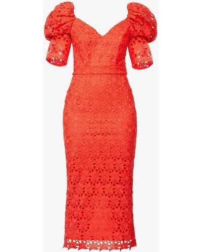 Chi Chi London Puff-sleeve Floral-embroidered Woven Midi Dress