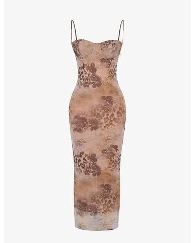 House Of Cb Aiza Floral-print Stretch-mesh Maxi Dres - Brown