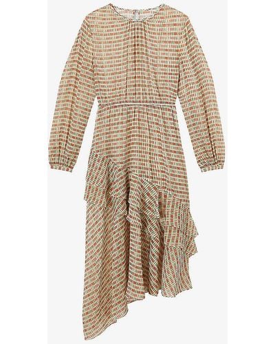 LK Bennett Bea Block-print Asymmetric-hem Silk Midi Dress - Natural