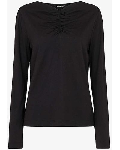 Whistles Ruched V-neck Cotton And Modal-blend Top - Black