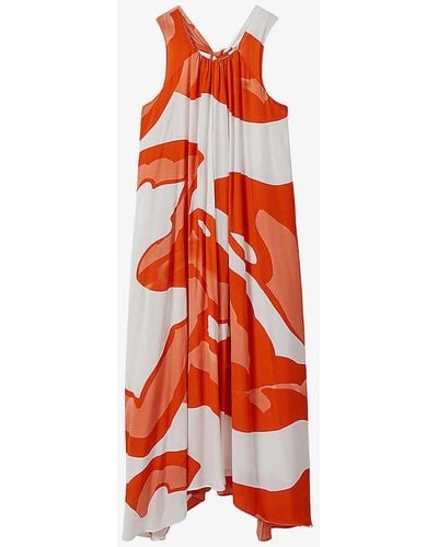 Reiss Avia Graphic-print Dipped-hem Woven Midi Dress - Red