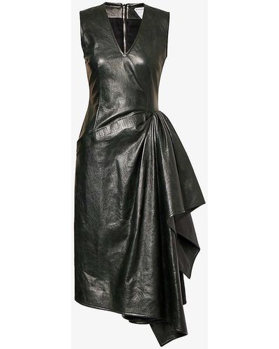 Bottega Veneta V-neck Sleeveless Leather Midi Dress - Black