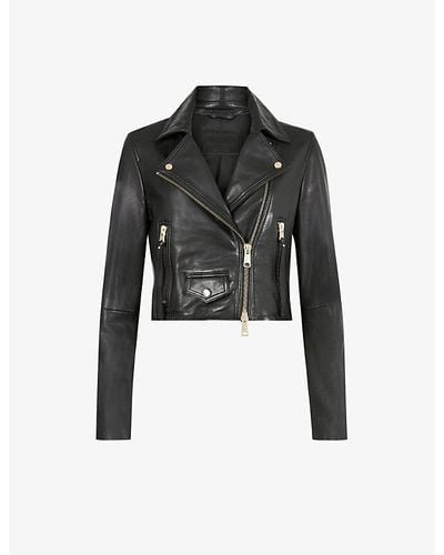 AllSaints Elora Cropped Leather Biker Jacket - Black