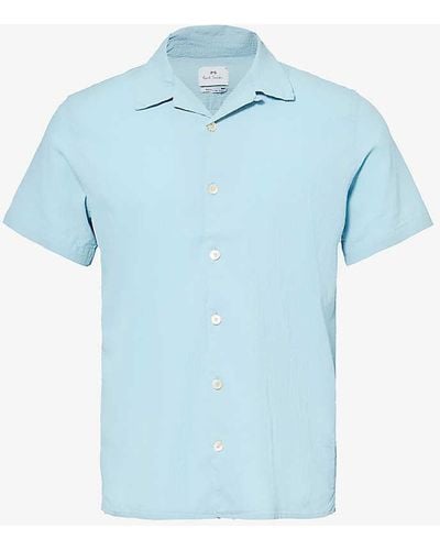 PS by Paul Smith Revere-collar Short-sleeved Stretch-cotton Shirt - Blue