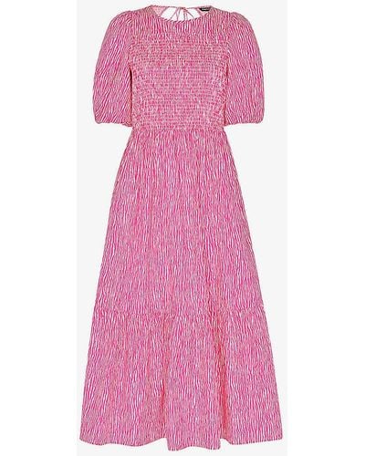 Whistles Uneven Lines Graphic-print Shirred-bodice Cotton Midi Dress - Pink