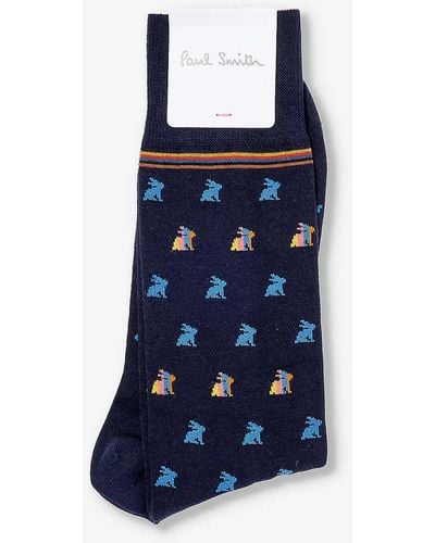 Paul Smith Rabbit-print Cotton-blend Knitted Socks - Blue