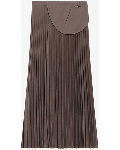 Claudie Pierlot Pleated Belted-pocket Stretch Woven-blend Midi Skirt - Brown