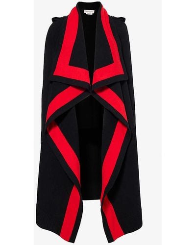 Alexander McQueen Shawl-collar Contrast-trim Wool Knitted Coat - Red