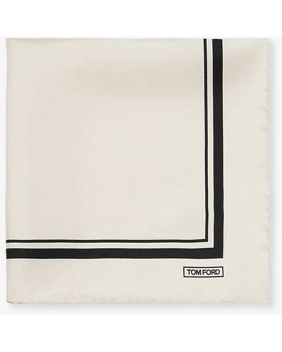 Tom Ford Brand-print Square Silk Pocket Square 39cm X 39cm - Natural