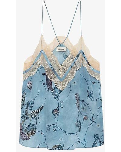 Zadig & Voltaire Christo Lace-embroidered Printed Silk Camisole - Blue