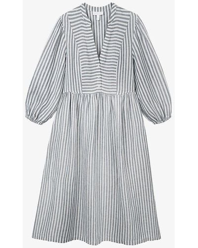 The White Company Striped V-neck Linen Midi Dress - Grey
