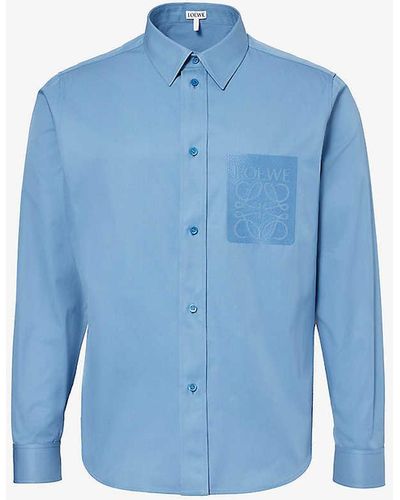Loewe Anagram-embroidered Pleated-cuffs Relaxed-fit Cotton-twill Shirt - Blue