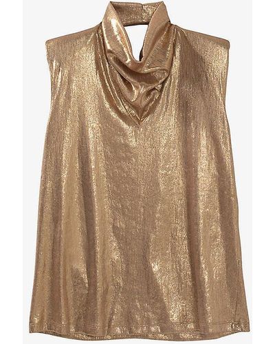 IKKS Pure Edition Cowl-neck Metallic Stretch-woven Top - Natural