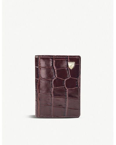 Aspinal of London Double Fold Croc-embossed Leather Card Holder - Purple