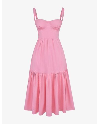 House Of Cb Elia Sweetheart-neck Tiered-skirt Stretch-cotton Midi Dres - Pink