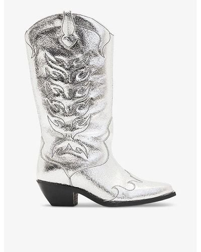 AllSaints Dolly Stitchwork Heeled Leather Western Boots - White