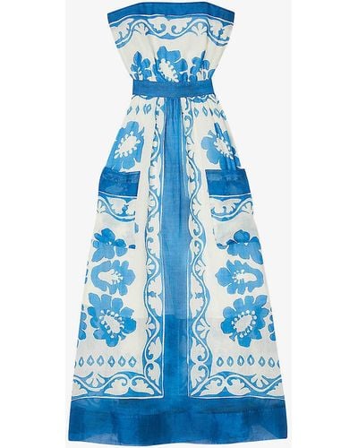 Sandro Graphic-print Strapless Woven Maxi Dress - Blue