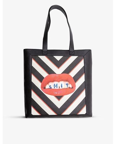 Seletti Wears Toiletpaper Lipstick-print Canvas And Faux-leather Tote Bag - White