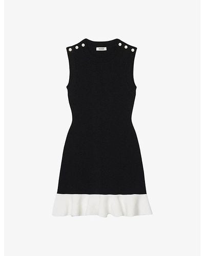 Sandro Button-embellished Round-neck Stretch-knit Mini Dress - Black