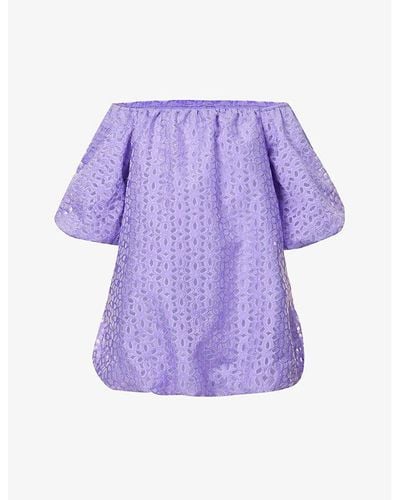Amy Lynn Floral-embroidered Puffed-hem Woven Mini Dress - Purple