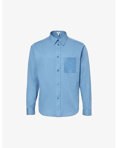 Loewe Anagram-embroidered Pleated-cuffs Relaxed-fit Cotton-twill Shirt - Blue