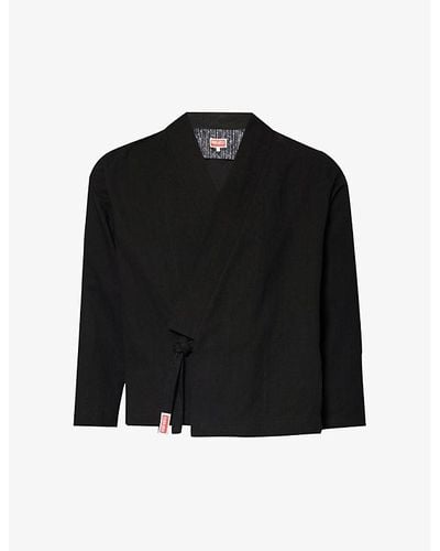 KENZO Kimono Brand-appliqué Cotton And Linen-blend Jacket - Black