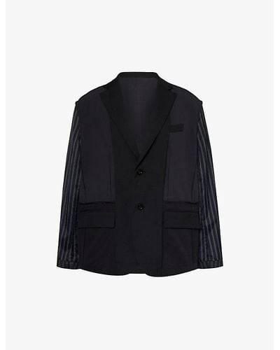 Sacai Notched-lapels Contrast-sleeve Relaxed-fit Woven Jacket - Blue