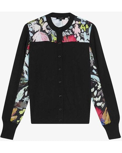 Ted Baker Iileena Floral-panel Long-sleeve Cotton And Linen-blend Cardigan - Black