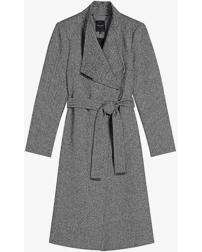 Ted Baker Roseane Belted-waist Herringbone Wool Coat - Grey