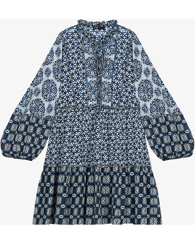 Maje Renzani Paisley-print Ruffled-neck Cotton Mini Dress - Blue