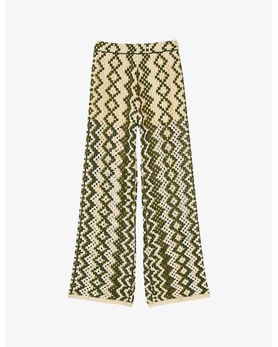 Sandro Geometric-print Straight-leg Mid-rise Cotton-blend Pants - Green