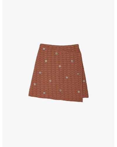 Sandro Crystal-embellished Wrap-around Knitted Mini Skirt - Brown