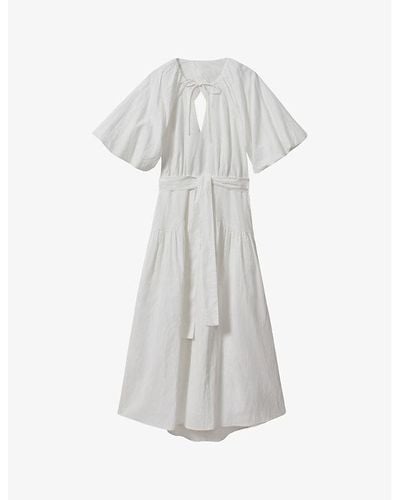 Reiss Alice Puff-sleeve Belted-waist Linen And Cotton-blend Midi Dress - Grey