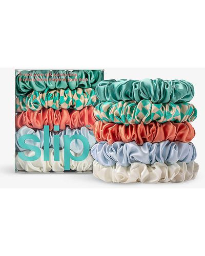 Slip Midi Elasticated Silk Scrunchies Pack Of Five - Blue