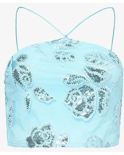 ROTATE BIRGER CHRISTENSEN Sequin-embellished Halter-neck Cropped Recycled-polyester Top - Blue