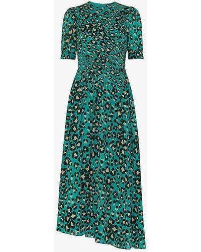 Whistles Leopard-print Shirred Woven Midi Dress - Green