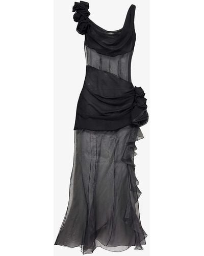 Alessandra Rich Organza Floral-embellished Ruffled Silk Maxi Dress - Black