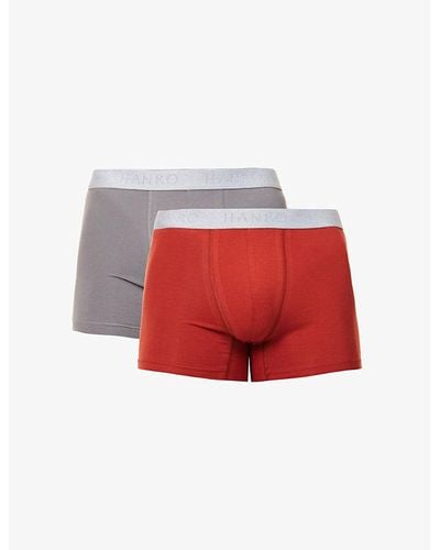Hanro Branded-waistband Mid-rise Pack Of Two Stretch-cotton Trunk - Red