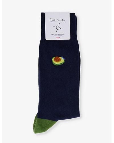 Paul Smith Avocado-embroidered Stretch-organic-cotton Blend Socks - Blue