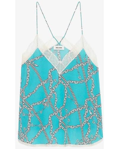Zadig & Voltaire Christy Chain-print Lace-embroidered Silk Cami - Blue